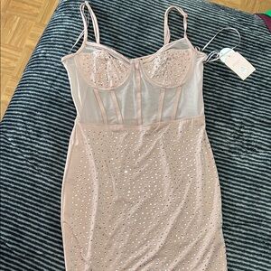 Elegant Women's Sheer Embellished Slip Dress - Pink